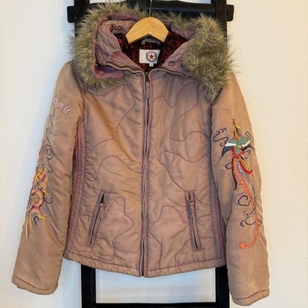 Vintage‎ Womens Embroidered Dragon Phoenix Puffer Jacket XS Souvenir